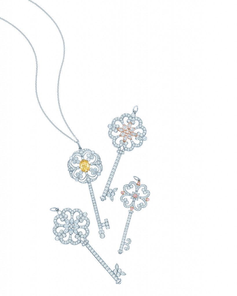 Tiffany Enchant Keys (clockwise from top) primrose key pendant of diamonds in platinum and 18 karat rose gold