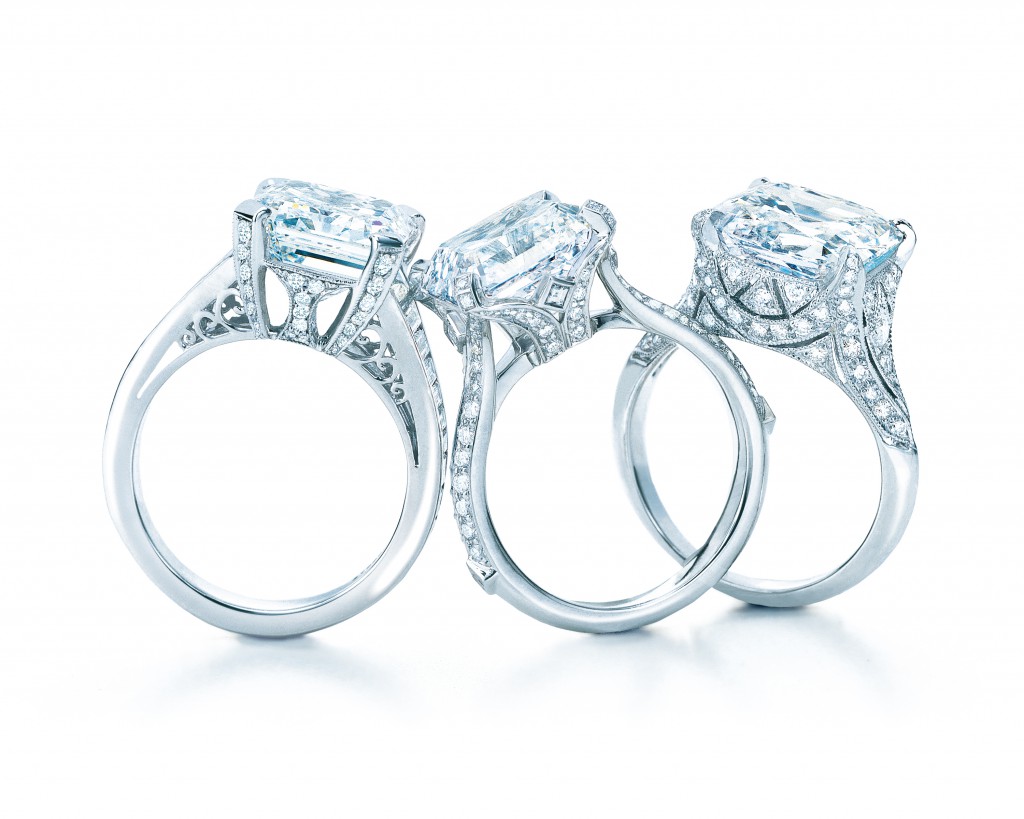 Tiffany diamond rings with custom platinum mountings (from left) emerald cut, square step-cut, cushion modified brilliant diamond