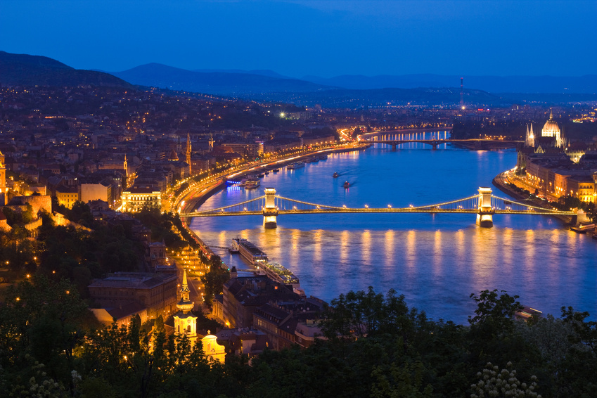 a view of Budapest, Hungary with the Chain Bridge in the forefro